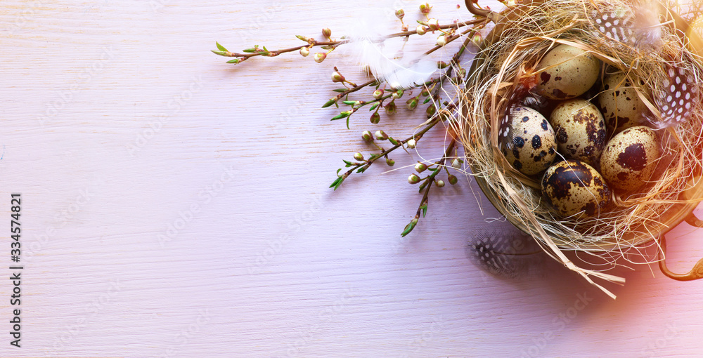 art Easter banner or greeting card background with Easter eggs, bird feather and spring flowers on pink background. Top view, flat lay with copy space. art Easter banner or greeting card background with Easter eggs, bird feather and spring flowers on pink background. Top view, flat lay with copy space.