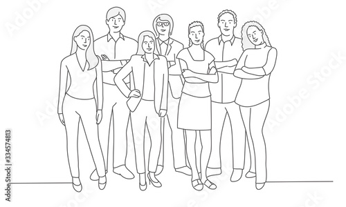 Line drawing of business people. Teamwork. Friends. Vector illustration.