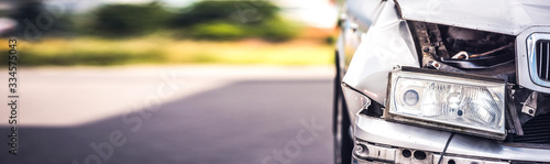 car crash accident on street, damaged automobiles after collision in city. Panorama