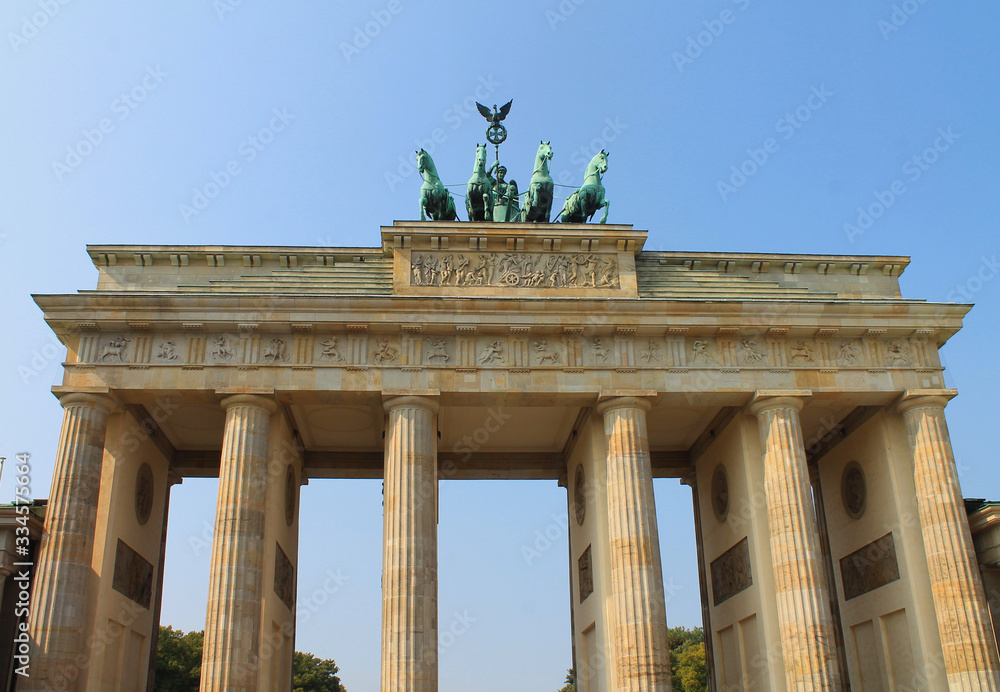 Brandenburg Gate in Berlin against the blue sky in summer