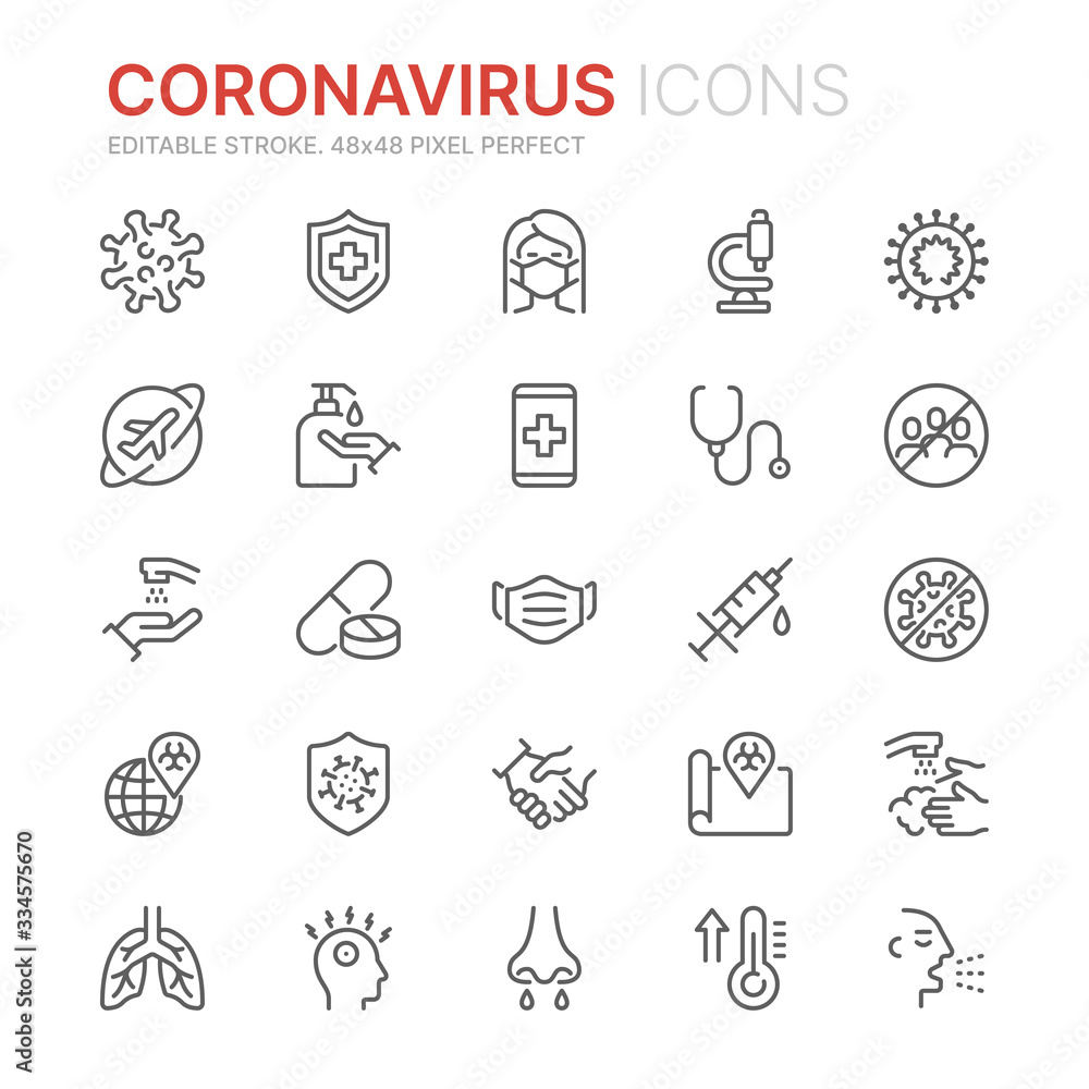 Collection of coronavirus related line icons. 48x48 Pixel Perfect. Editable stroke