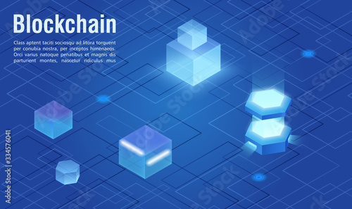 Modern virtual digital technology blockchain abstract isometric vector illustration concept, banner, web. Geometry shapes and lines in blue light. Distributed database resists to data modification
