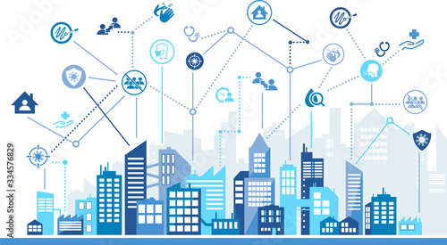 Quarantine and social distancing vector illustration. Concept with urban city background and connected icons related to isolation or home office during the corona virus outbreak.