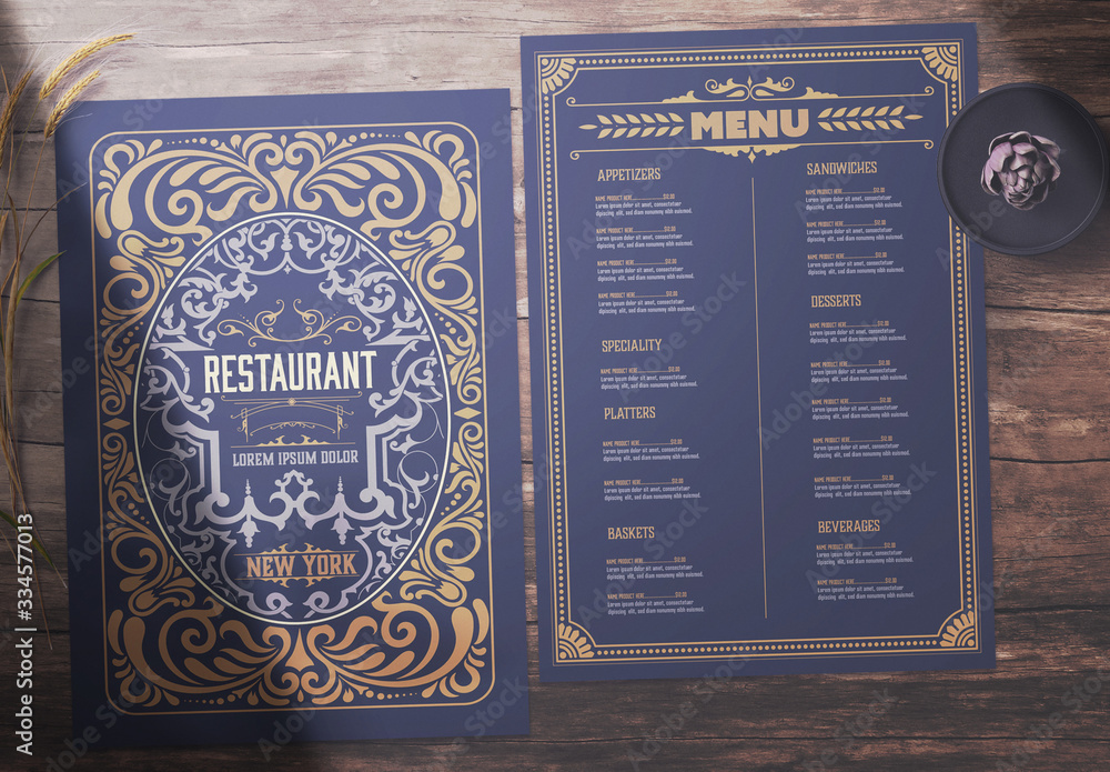 Restaurant Menu Layout with Ornamental Elements Stock Template | Adobe ...