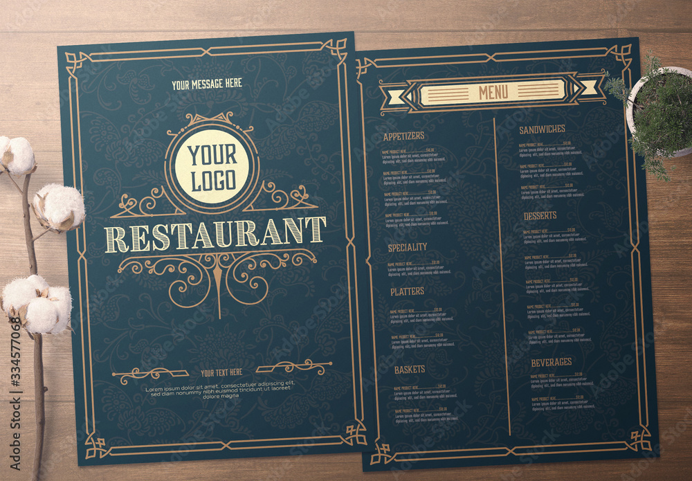 Restaurant Menu Layout with Ornamental Elements Stock Template | Adobe ...