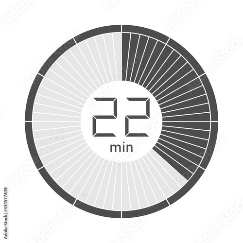 The 22 minutes stopwatch icon, digital timer. Vector illustration.