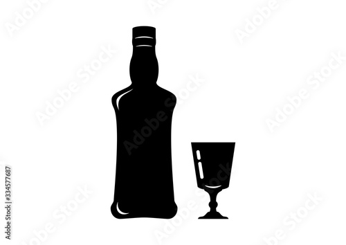 Alcohol bottle icon silhouette vector. Bottle and glass isolated on white background. Bottle and glass of absinthe vector. Hard liquor icon. Hard alcohol silhouette vector