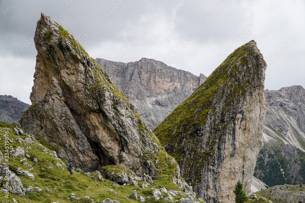Beautiful view: The distinctive Pieralongia rocks in Puez Odles Naturepark near Seceda / Gardena Valley / Dolomites / South Tyrol / Italy
