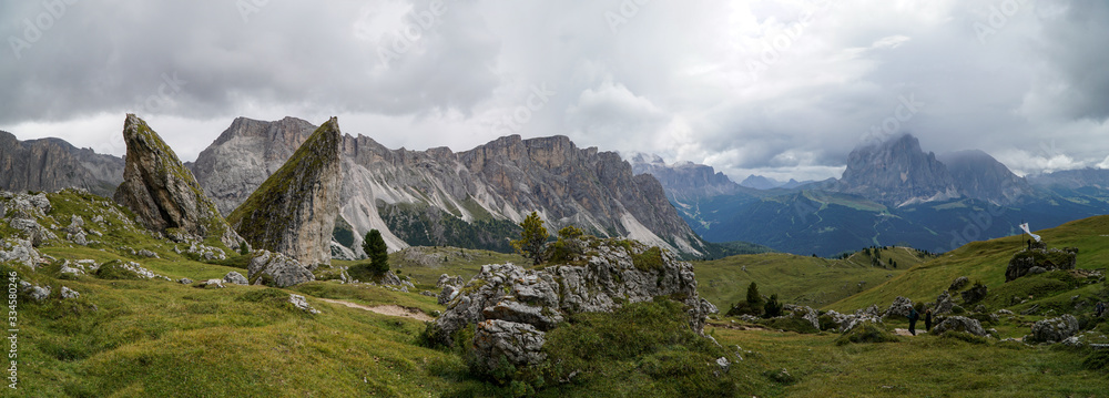 Panoramic view: The distinctive Pieralongia rocks in Puez Odles Naturepark near Seceda / Gardena Valley / Dolomites / South Tyrol / Italy