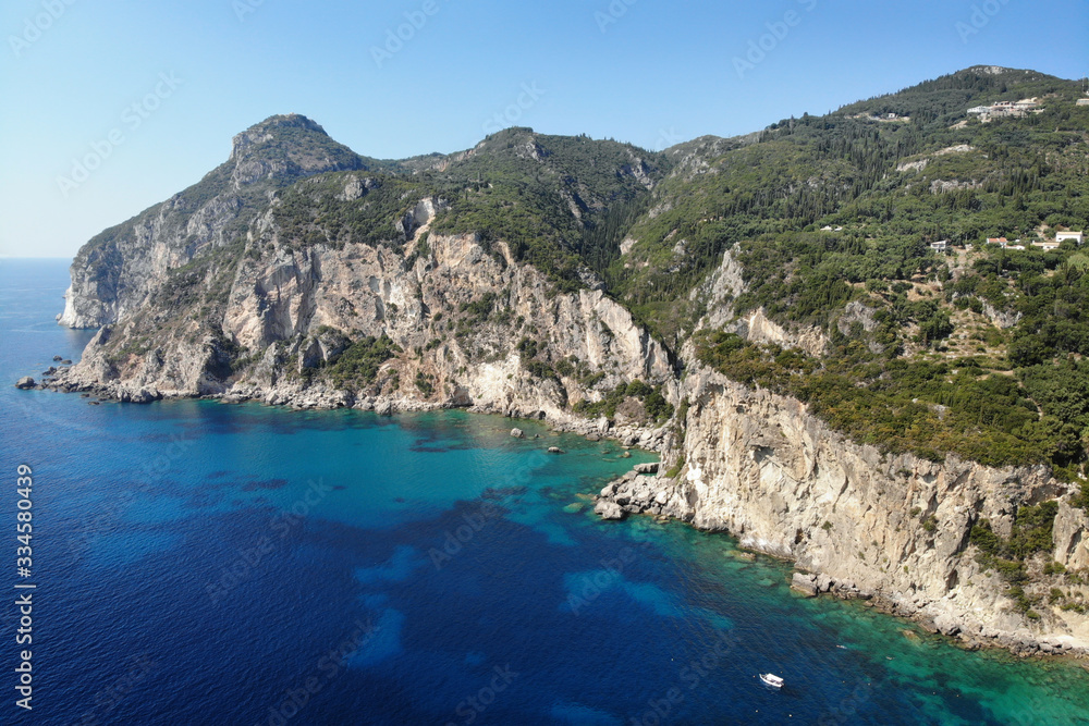 View on the fabulous Greek coast with cliffs and blue water near Paleokastritsa on the island of Corfu