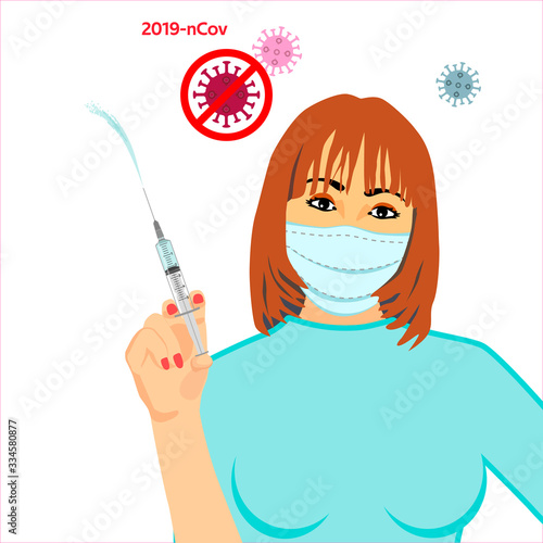  Nurse in a medical mask holds a syringe in her hands. Stop Coronavirus American people in medical mask.