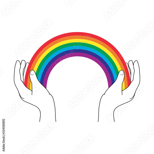 Hands hold a rainbow for hope and wish. Everything will be fine written in Italian. Italian slogan: Andrà tutto bene. Motivational phrase in Italian used during quarantine in fighting with COVID-19
