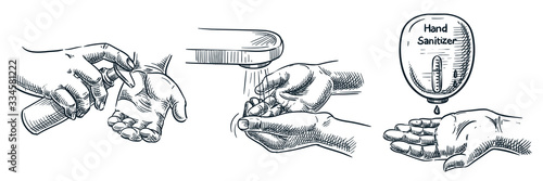 Hygiene and sanitation vector illustration. Human hand applying soap, antibacterial gel, antiseptic sanitizer