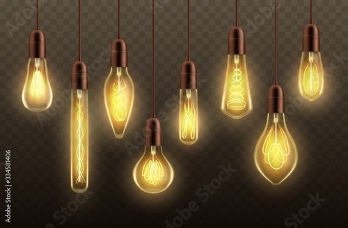 Light bulbs hanging on cords realistic vector design of glowing lamps or ceiling pendants. Incandescent light bulbs and globes with yellow filaments and contact wires on transparent background