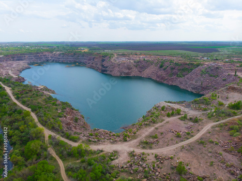 Ukraine. Flooded granite quarry. Drone. Aerial view