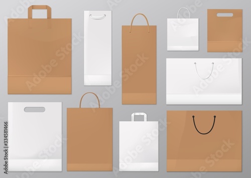 Paper bag vector mockups of blank white and brown shopping and gift packages. Realistic craft paper and cardboard bags with silk, cord and rope handles. Shop and supermarket packets, retail packaging