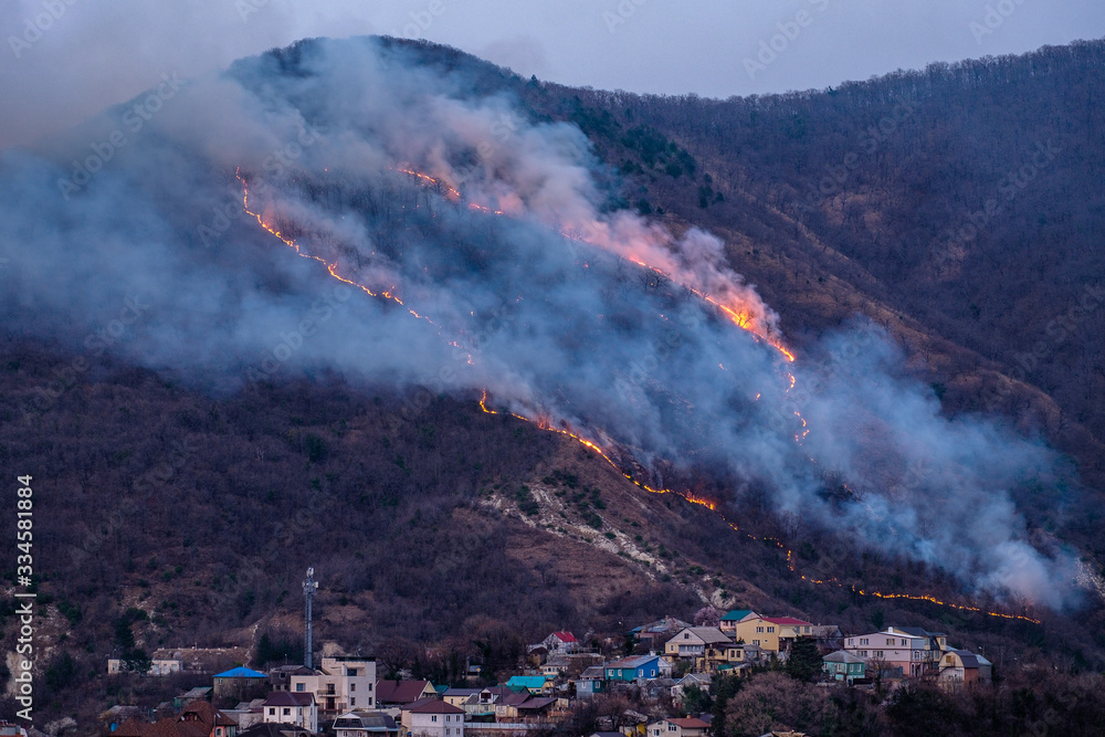 Russia, Tuapse, a fire in the mountain forests above the city