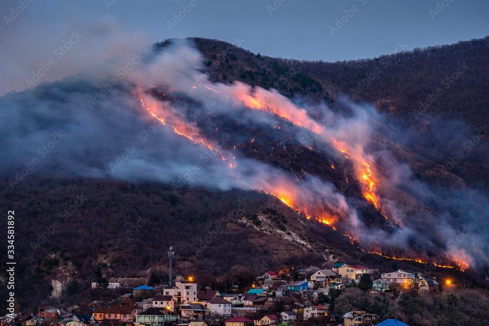 Russia, Tuapse, a fire in the mountain forests above the city