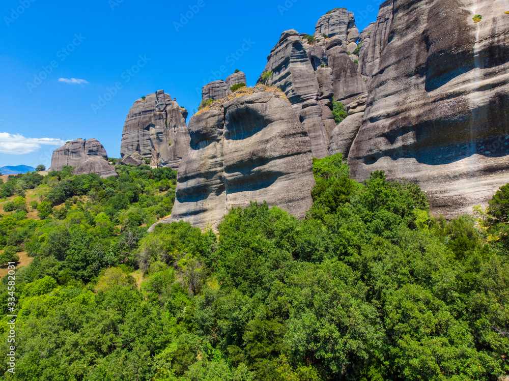 Greece. The historical region of Thessaly. Rocks of Meteora. Popular tourist spot. Drone. Aerial view