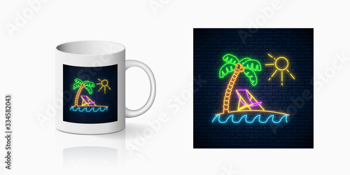 Neon happy summer print with palm, sun, chaise-longue and ocean for cup design. Shiny summertime symbol, design, banner in neon style on mug mockup. Vector illustration. Deck chair on island beach.