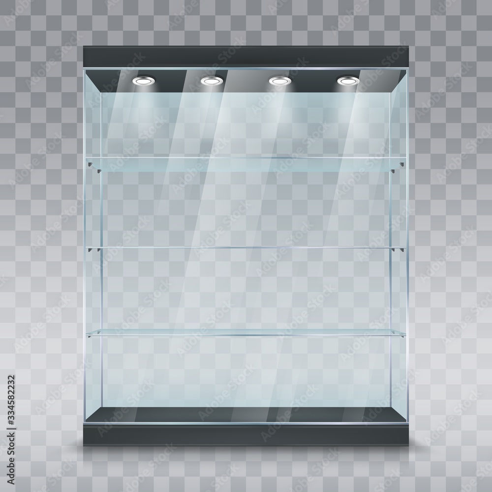 Glass showcase or display cabinet realistic vector mockup of shop or museum stand with glass shelves and spotlights on transparent background. Retail store, supermarket or exhibition furniture design - obrazy, fototapety, plakaty 
