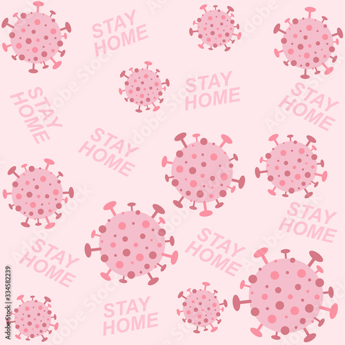 Seamless "Stay home" pattern with virus and words. Pink vector illustration. 