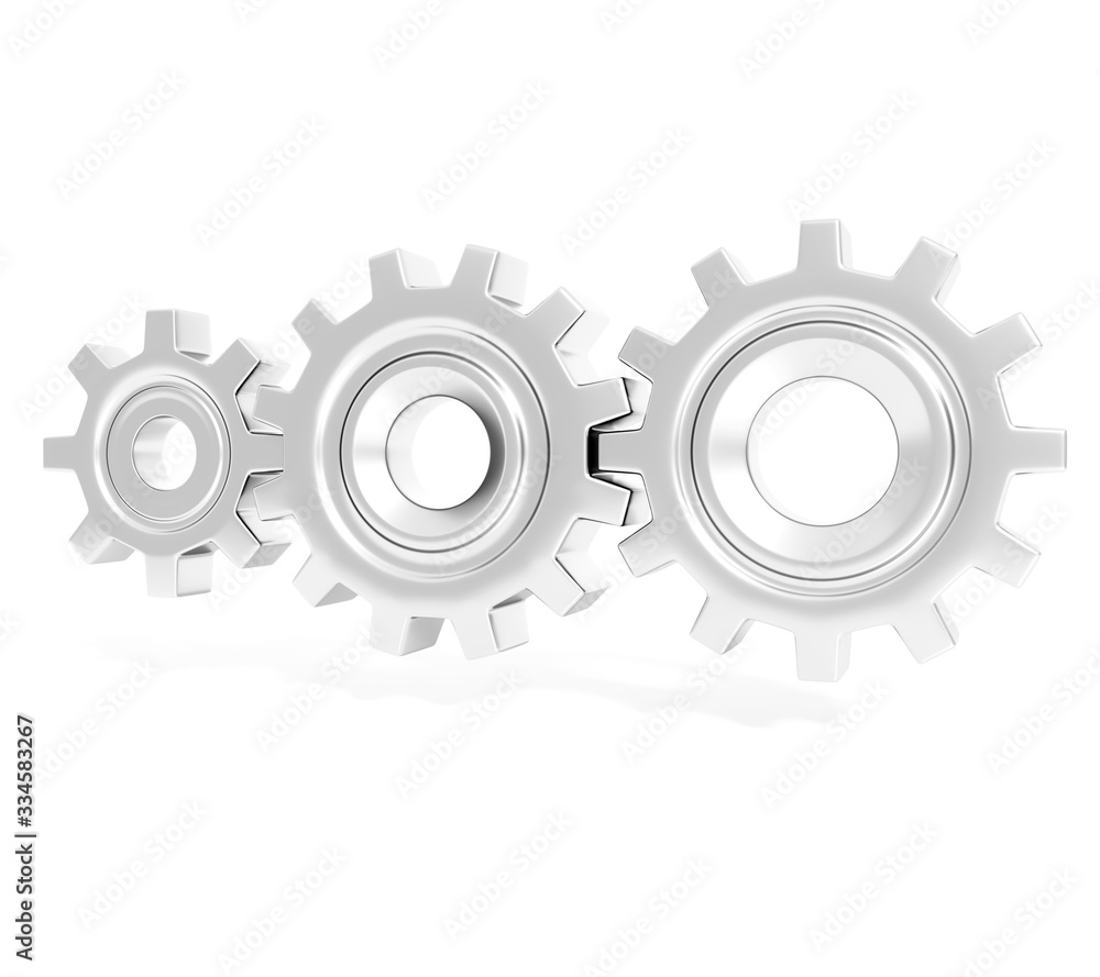 Three connecting metallic gear cogs of different sizes isolated on white background; close up, perspective view 3d rendering, 3d illustration Three connecting metallic gear cogs of different sizes isolated on white background; close up, perspective view 3d rendering, 3d illustration