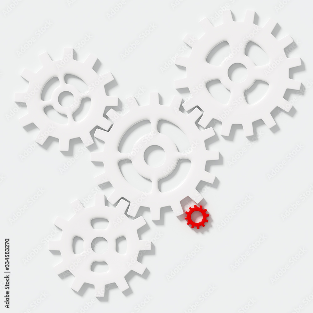 White connecting gear cogs of various sizes and single red cog isolated on white background; modern business teamwork concept; flat lay, close up, top view 3d rendering, 3d illustration White connecting gear cogs of various sizes and single red cog isolated on white background; modern business teamwork concept; flat lay, close up, top view 3d rendering, 3d illustration