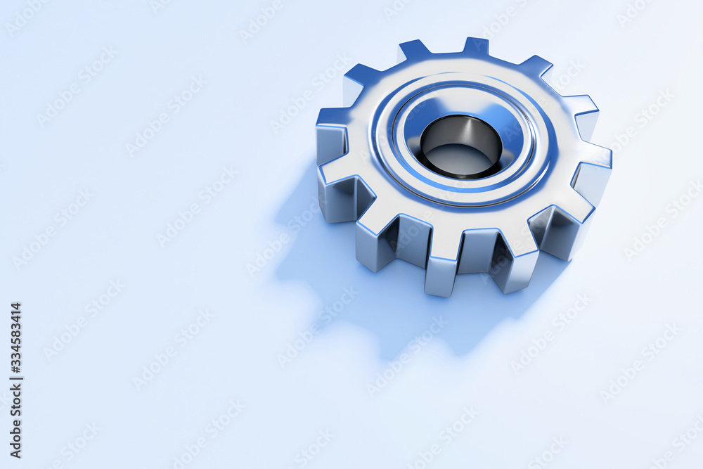 One metallic gear cog isolated on white background; close up; perspective view 3d rendering, 3d illustration One metallic gear cog isolated on white background; close up; perspective view 3d rendering, 3d illustration