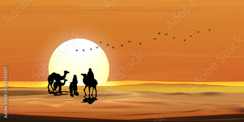 Vector illustration Arab family with camel walking in desert sands with sunset in evening,Panoramic Landscape Scenery of sun over mountains during twilight in orange color above desert and sand dunes.