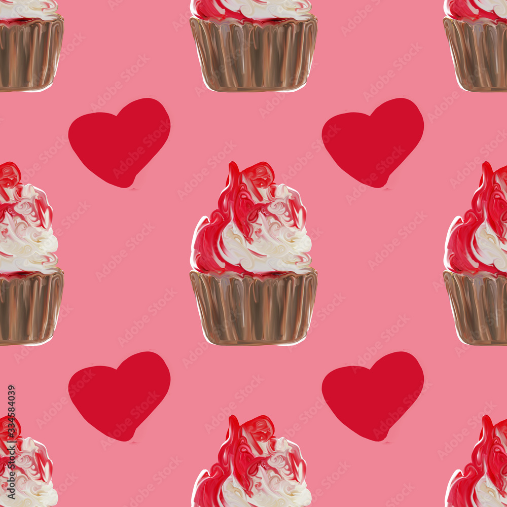 Seamless pattern with cupcakes, muffins on pink background. decorated with white and red cream for print, package design, wrapping, textile Seamless pattern with cupcakes, muffins on pink background. decorated with white and red cream for print, package design, wrapping, textile