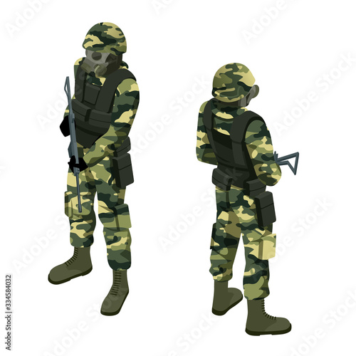 Isometric a soldier in a gas mask and with a gun isolated on white. Protection against chemical or bacterial contamination. Quarantine.