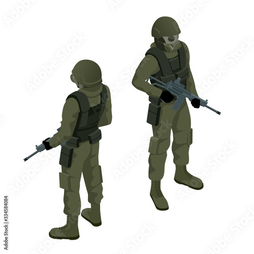 Isometric a soldier in a gas mask and with a gun isolated on white. Protection against chemical or bacterial contamination. Quarantine.