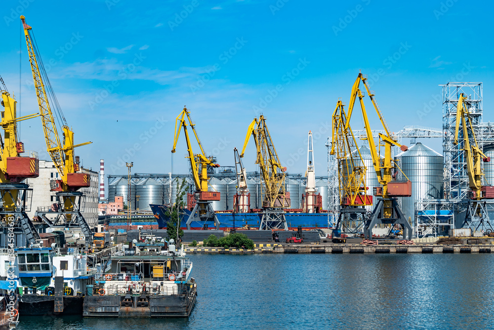 Logistics business. Huge cranes and containers, sunny summer day. Sea port,