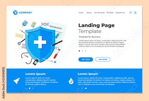 Medical insurance or health care concept landing page design template. Blue shield on patient protection policy with medicine pharmacy preparations. Vector healthcare website illustration