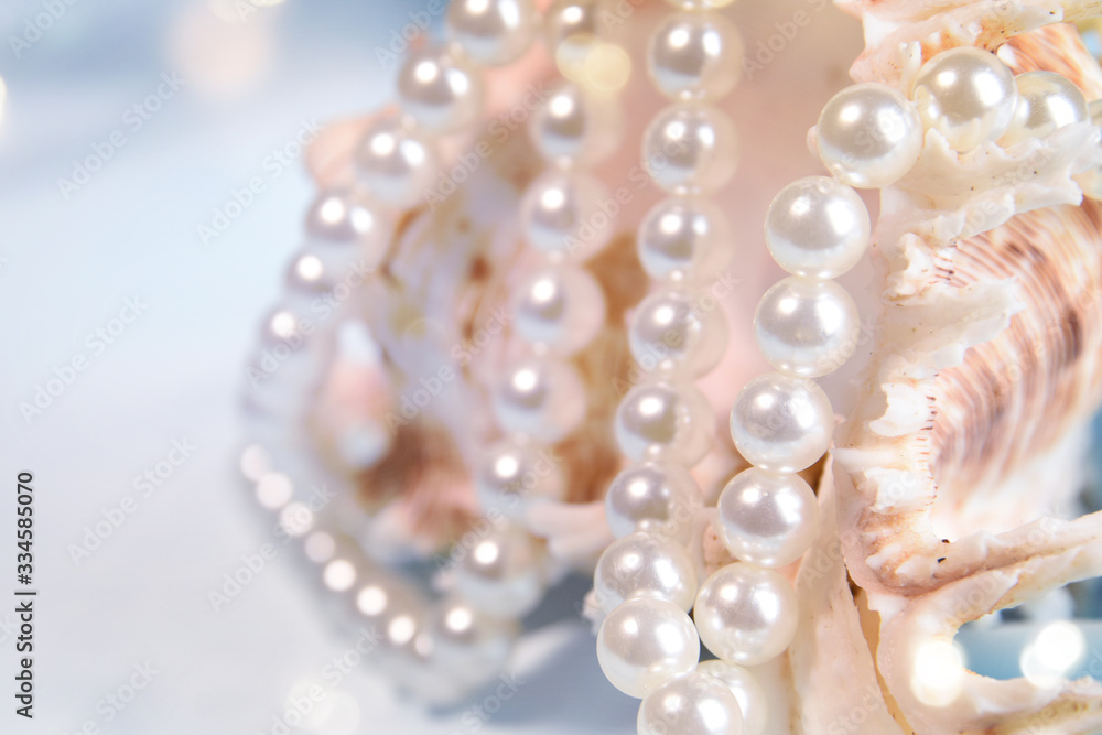 Wedding background with pearls and sea shell. Luxury wedding background - obrazy, fototapety, plakaty 