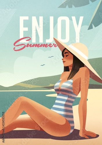 Girl relaxing on the beach. Summer vacation poster or flyer design template with sexy female on the beach. Party invitation. Modern style. Vector illustration