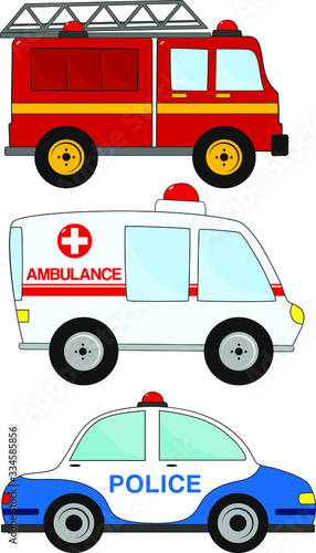 Set of four cartoon vector emergency vehicles including ambulance car, firetruck, police car. Side view. Cartoon cars for preschool kids. Vector illustration isolated.