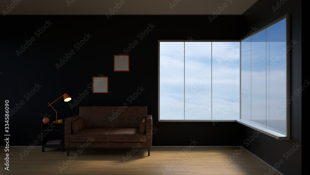 Fototapeta premium Room with yellow hardwood parquet floor, black walls and sunlight from the big window on the floor minimalist interior, 3d illustration