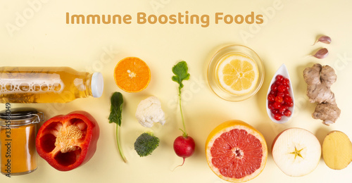 Immune boosting health food selection over yellow background