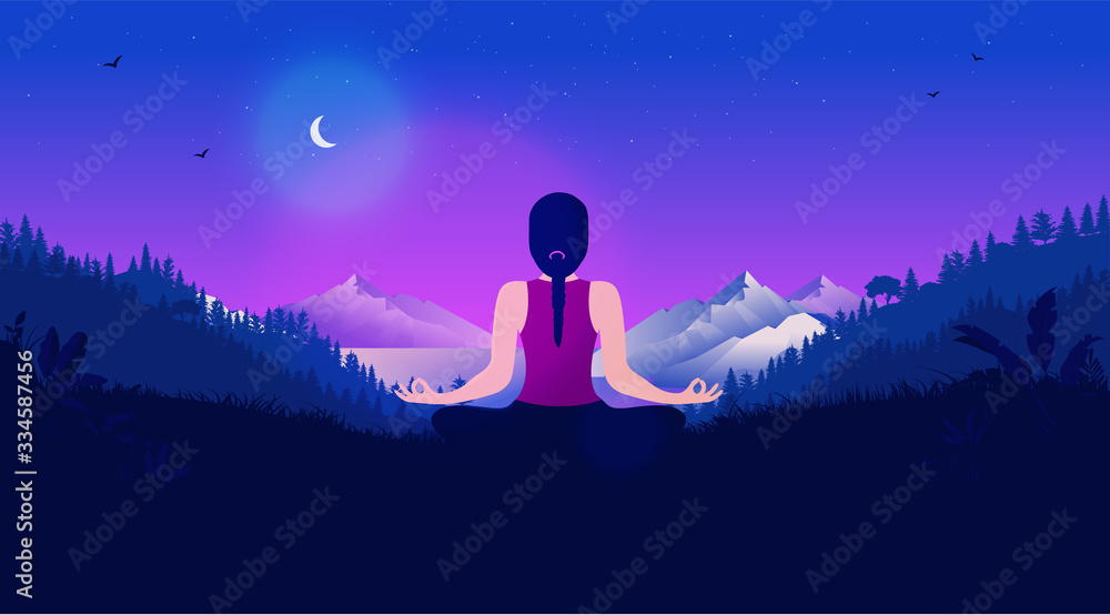 Meditating at night - Woman in meditation pose sitting in nature watching the landscape view. Moonlight, purple sky, mountains and ocean. Vector illustration.