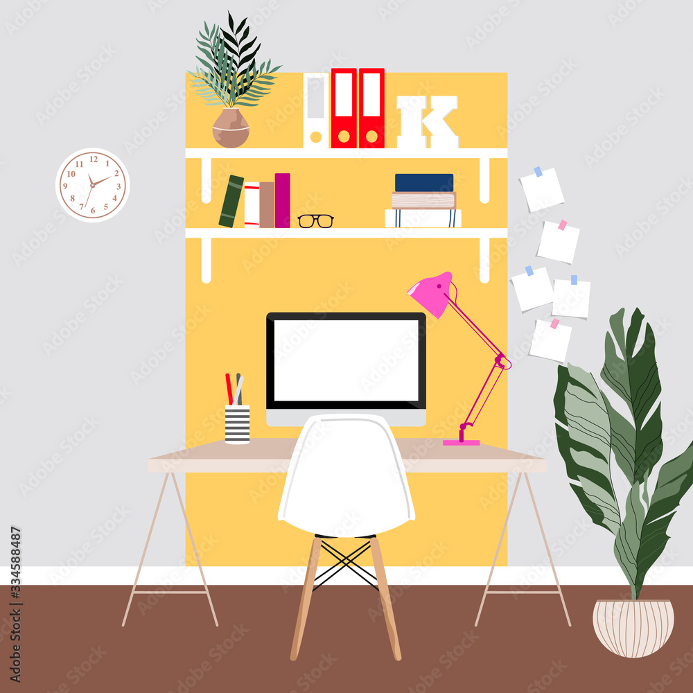 Home workspace. Grey and yellow room interior. Work from home. Computer on the table. Working desk, memory stickers on the wall and house plants. Modern living and trendy interior design. Home workspace. Grey and yellow room interior. Work from home. Computer on the table. Working desk, memory stickers on the wall and house plants. Modern living and trendy interior design.