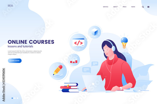 Online course vector illustration. Online education web page concept. Girl studying with laptop. e-Learning platform. Flat style.
