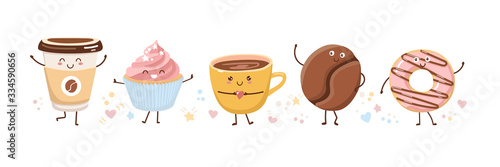 Set of cute coffee and desserts characters in trendy kawaii style. Take away cups, mugs and bean with hot beverage. Happy cartoon drinks and sweet pastry. Banner, card, poster design.