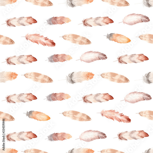 Watercolor feather seamless pattern. Hand painted texture with bird feathers on white background.