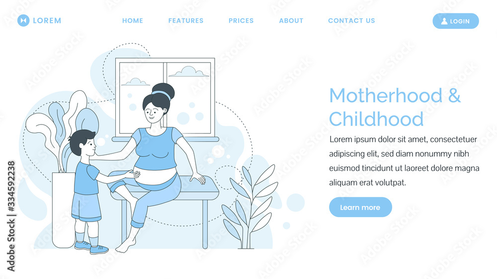 Motherhood and childhood landing page design. Pregnant woman with her son spending time together.