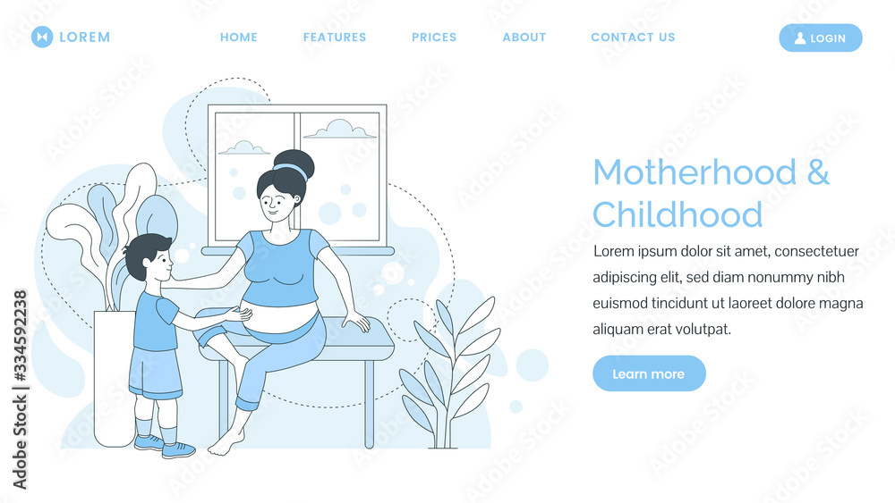 Motherhood and childhood landing page design. Pregnant woman with her son spending time together. Motherhood and childhood landing page design. Pregnant woman with her son spending time together.