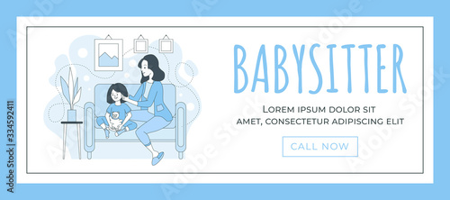 Babysitter web banner template. Happy young woman sitting with little girl vector cartoon outline illustration.