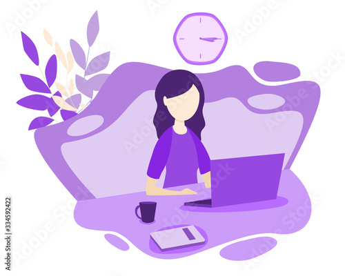 Work from home concept, flat tiny person vector illustration. Freelancer remote office workplace interior setup with desk, chair and computer. Girl designer enjoying daily life routine and freedom