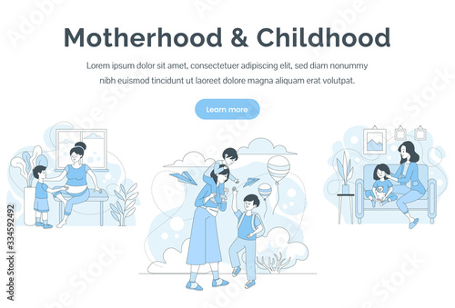 Motherhood and childhood landing page template. Women spending time with children vector illustration.